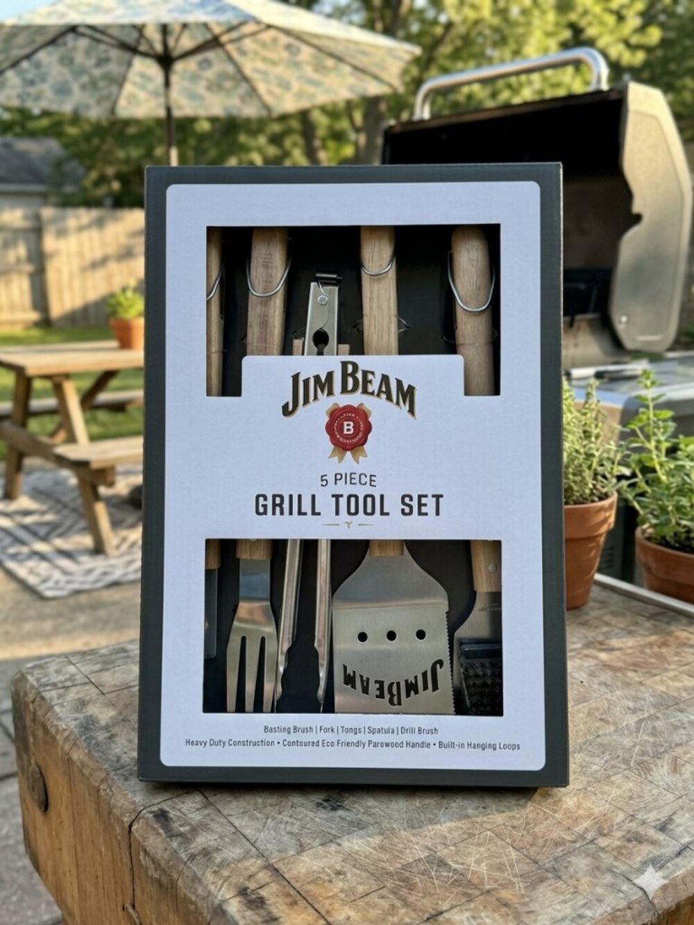 Jim Beam 5-Piece Grill Tool Set - Natural Wood & Stainless